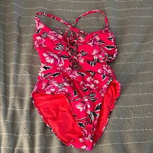 Xhilaration Hot Pink Floral-Trim Lace-Up One-Piece Swimsuit